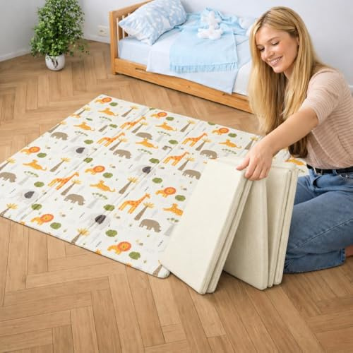 Krabbelmatte Baby, faltbar, doppelseitig, 150x180cm Tierwelt und Blätter