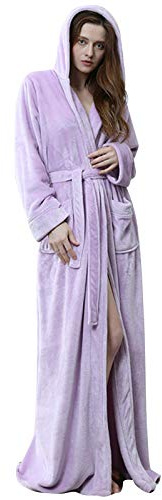 Flygo Womens Fuzzy Plush Long Hooded Robe Full Length Flannel Fleece Bathrobe Warm Housecoat(Lilac-L)