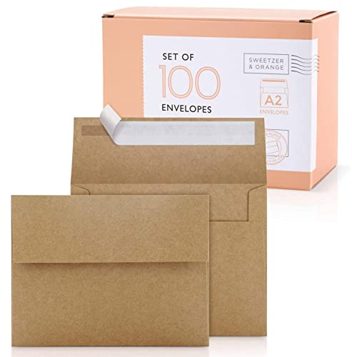 Sweetzer&Orange A2 Envelopes Brown Self Seal Paper Mailers (100 with Box). Luxury 150gsm For Greeting Card and Invitation Holders 4-3/8 x 5-3/4, Photos, Wedding, RSVP Cards Plain Mailing Inserts
