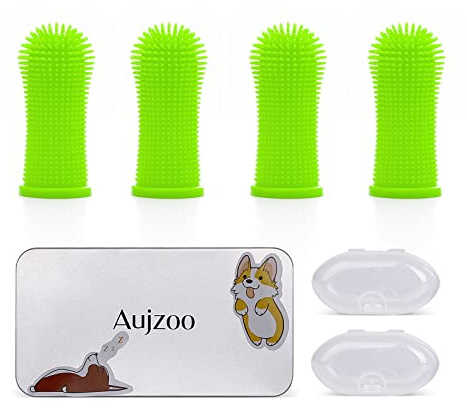 Aujzoo Juego de cepillos de dientes para perros (4 paquetes), cepillo de dientes para limpieza de dientes de mascotas de 360º para perros, gatos, cuidado dental, cepillo de dientes de silicona