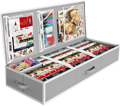 Simple Houseware 41.5 Wrapping Paper Storage Organizer - Fits 40 Rolls with Adjustable Straps, Interior Divider for Ribbons & Bows, 3 Clear Pockets for Gift Bags & Tools, 41.5''L x 16''W, Gray