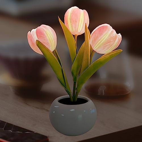 ALEENFOON Tulpen Lampe Tulpen-Nachtlicht mit Keramikvase Simulation Tulpe LED Tischlichter Künstliche Blume Tischlampe für Zuhause, Büro, Party, Hochzeit, Geburtstag (Rosa)