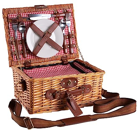 eGenuss Picknickkorb 2 Personen, Picknickkorb mit Kühlfach mit abnehmbarem Schultergurt und Picknick Zubehör - handgewebter Picknicktasche 2 Personen, Picknick Korb Geschenk - Picnic Set Rot