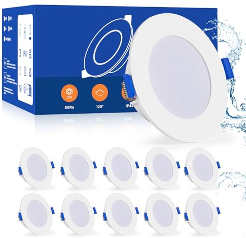 Leselux LED Inbyggnadsspot 230V Platt 30mm, 10x IP44 Spot LED Varmvit 3000K 5W 450LM 80Ra, Inbyggnadsarmatur Tak 70-90mm, Inbyggd Spot För Badrum, Takspotlights Vita 68mm för Vardagsrum Kök Badrum