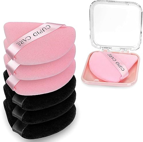 CUPID CARE 6 Pcs Triangle Powder Puff with 2 Travel Cases, Setting Powder Puffs for Face, Velour Makeup Puff for Loose Powder Body Powder, Blender Sponge Foundation Blending Sponges Beauty Tools