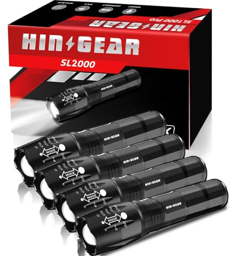 HinsGEAR 1 Mode LED Torch 2000 Lumens Gifts for Men Dad Kids, Zoomable Torches Super Bright Powerful Torches Battery Powered Water Resistant Tactical Torch for Camping Xmas Gifts - 4 Pack