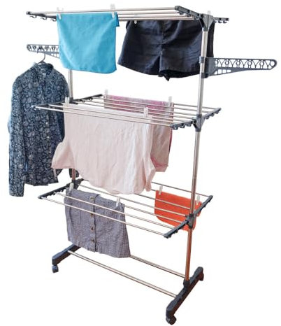 Etendoir pliable sur roulettes - 3 niveaux - Séchoir à linge acier - H145 cm - 10 cintres - 20 pinces à linges - 2 porte-cintres