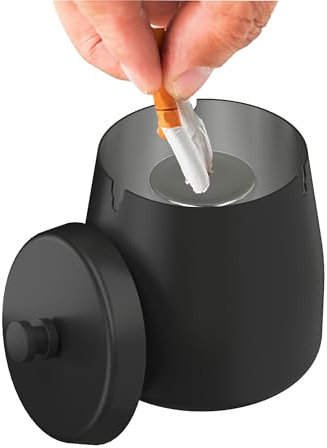 AwmnSrman Aschenbecher Mit Deckel Aschenbecher für Draussen Schwarz Edelstahl Windproof Abnehmbarer Aschenbecher für einfache Reinigung Rutschfester Esstisch Aschenbecher Φ9 x H9 cm
