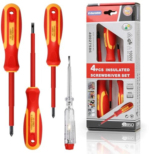 E·Durable 4pcs VDE Screwdriver Set, Magnetic Insulated Screwdriver Set to 1000v, Multifunctional Tool Kit Chrome Vanadium Screwdrivers TPR Handle for Home and Professional Use, Red