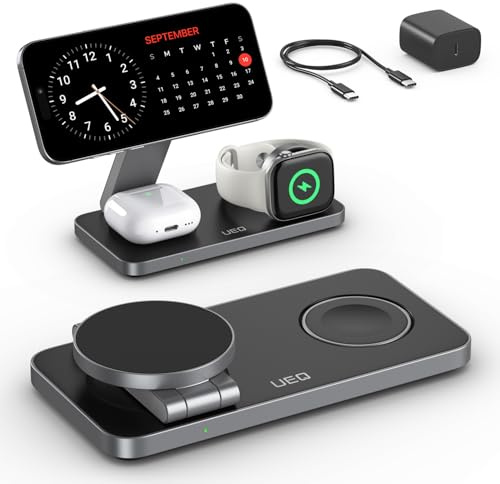 UEQ Foldable 3 in 1 Wireless Charging Station for Apple Magsafe Charger Stand,Fast Magnetic Wireless Charger Station for iPhone 17 Air 16 15 14 13 12 Series,Airpods Pro,Apple Watch Ultra (Pure Black)