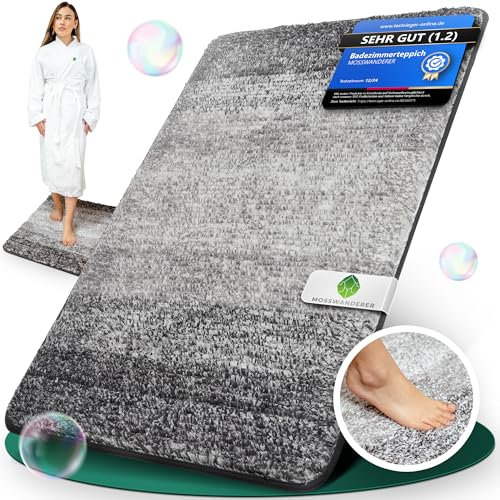 MOSSWANDERER® Badezimmerteppich [60x90] Badematte rutschfest – Luxus-Badteppich groß & waschbar | Hochwertiger Badvorleger für Badezimmer, Dusche & mehr | Minimalistisch-modern in schwarz-grau