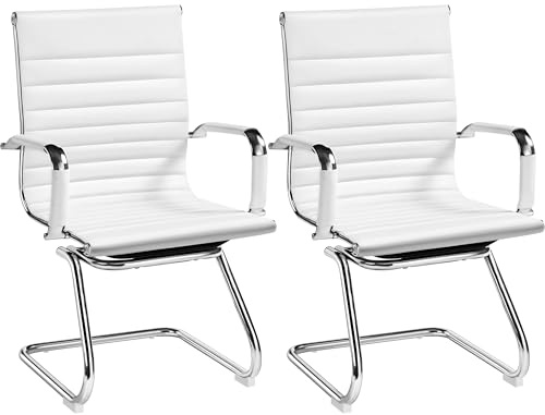 Soberine Set 2 Sedie da Pranzo a Sbalzo Imbottita in Finta Pelle Gambe in Metallo Sedie Ufficio Ospiti Moderne per Sala da Pranzo, Soggiorno,Cucina, Reception Bianco