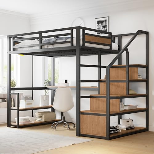 Merax Lit Mezzanine en Métal 140 x 200 cm, Multifonctionnel Lit Mezzanine avec Bureau et Escalier de Rangement, Noir (sans Matelas)