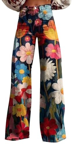 Jeans évasés pour femme - Imprimé floral - Taille haute - Coupe ample - Pantalon en jean coloré - Motif rétro - Style palazzo - Pantalon bohème avec poches - Léger et confortable