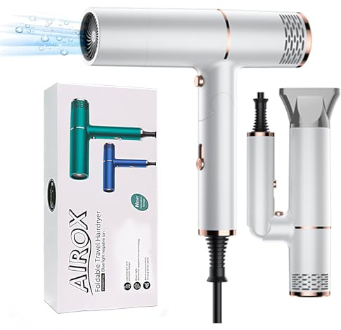 Travel Hairdryer Foldable Powerful 1800W | Foldable Ionic Hair Dryer | Fast Drying Compact and Portable Mini Blow Dryer with Negative Ion | Ideal for Travelling (White)