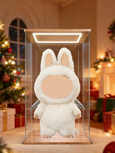 DuvinDD Vitrine en acrylique avec éclairage LED - 35 x 30 x 60 cm - Boîte de protection contre la poussière transparente avec veinure de bois, Convient pour Labubu Zimomo Angel in Clouds & I Found You