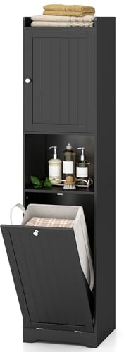 GIANTEX Armoire de Salle de Bain Haute et Étroite, Étagère Ajustable, Sac à Linge Amovible de 48 L, Poignées Pratiques, Dispositif Anti-Basculement, pour Cuisine Salon, 40 x 40 x 170 cm