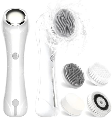 Spazzola Pulizia Viso Elettrica, Massaggiatore Viso Elettrico con 4 Testine, Spazzola Viso Pulizia con Funzione EMS, Calore e Vibrazione, per Detergente Profondo, Esfoliante Delicato