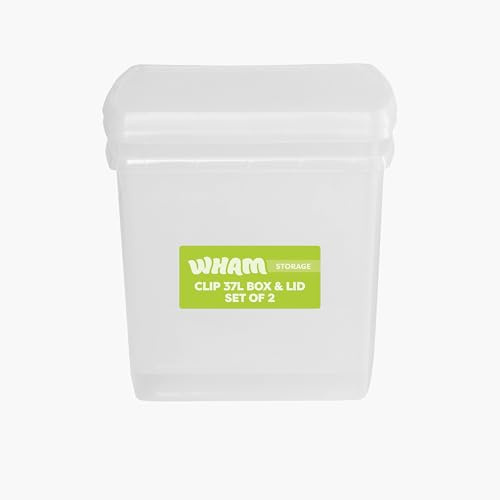 Wham Clip 2 x 37L Square Stackable Plastic Storage Boxes with Lids | Ideal for Home, Office, Toys & More | Storage Containers with Clip Locks | Made in UK - Clear/Clear