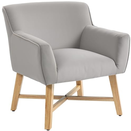 HOMCOM Butaca de Salón Tapizada en Terciopelo, Sillón de Salón Moderno Acolchado, Patas de Madera, Reposabrazos, Base Cruzada, Sillón Relax para Dormitorio, Oficina, Estudio, 67x65x74 cm, Gris Claro