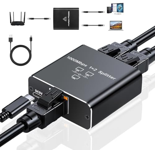 Divisor de red LAN 1 a 2 Gigabit Ethernet, 1000 Mbps, conmutador LAN de 2 puertos con cable de alimentación USB-C, divisor Ethernet RJ45 para ordenadores, routers, set top box, IPTV, TV digital y más