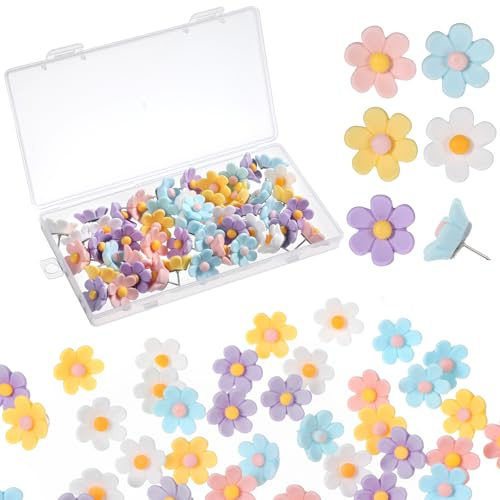 TIESOME 50 st matta blomstift för anslagstavla färgglada harts ritstift | Söta tumspetsar dekorativ blomma tryckstift för hantverk kork tavla anslagstavlor foton väggkarta stift