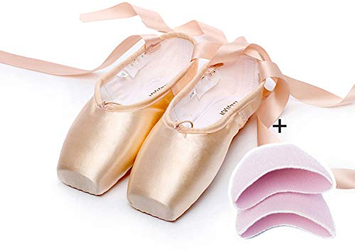 Zapatos de baile profesional, zapatillas de punta de ballet, zapatos planos del ballet, ballet Pointe zapatillas, con la cinta cosida y almohadillas para los dedos de silicona para mujeres,Pink#1,40