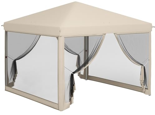 Outsunny Carpa Plegable 3x3 para Exterior Cenador de Jardín Portátil con Mosquiteras Bolsa de Transporte Marco de Acero y Tela Oxford Resistente para Fiestas Camping Beige