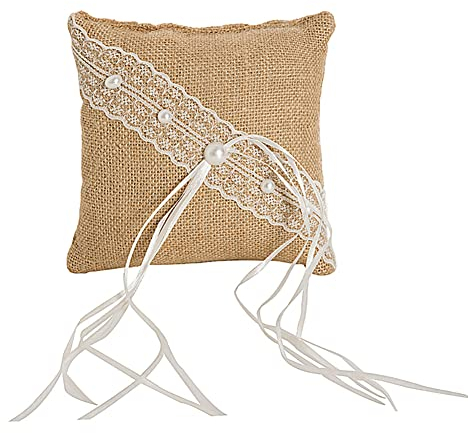Vintage Hochzeit Ring Kissen,Jute Heirat Paar Ring Halter Spitze Blumen Ehering Kissen mit Krawatte Satinband Sackleinen Eheringe Brautkissen Hochzeit Accessoires für Zeremonie Strandhochzeitsfeier