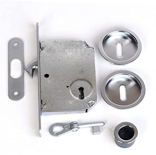 bricoleva.it Kit Serratura Porta Scorrevole Rosetta Tonda Con Chiave, Maniglia con Serratura per Porta Scorrevole (Colore Cromo Lucido)