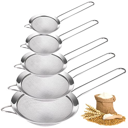 Vegena Set di 5 colino da cucina a maglia fine, in acciaio inox, 5 misure, setaccio da cucina piccolo, filtro in metallo in acciaio inox fine per setacciare, scolare e sciacquare verdure, pasta, tè