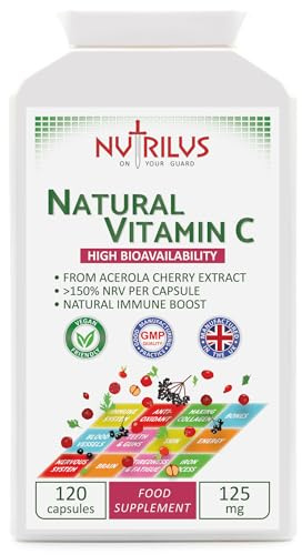 Nutrilus Natural Vitamin C Capsules from Acerola Cherry 500mg Extract - High Bioavailability Supplement - not Ascorbic Acid - Fruit and Herbs Extracts - not Tablets (120 Capsules)