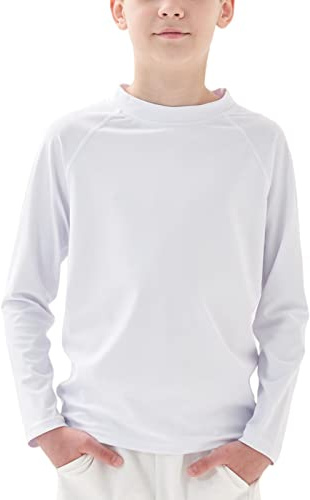 Boys Rash Vest Long Sleeve UPF 50+ Kids Sun Protection Swimwear Quick Dry Rash Guard White, 13 Years