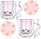 Arawat 2 Set Katzen Tasse Rosa Glas Doppelwandige Gläser Katze mit Pink Henkel Kaffeetasse mit Löffel & Untersetzer Kaffeebecher Tassen Katze Gläser Teetasse Geburtstag Geschenk für Frauen Freundin