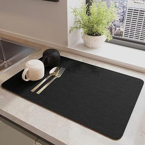 YQBFTC Super Absorbent Draining Mat for Kitchen Counter,16x12 Quick Dry Draining Board Mats for Coffee Machine with Non-Slip Rubber Backed,Dish Drying Accessorie for Drainer Bar Worktop(Black)