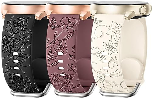 AMSKY 3 stycken blommiga graverade armband, kompatibla med Samsung Galaxy Watch 7/6/5/4 40 mm 44 mm, Watch 6/4 Classic 43 mm 47 mm 42 mm 46 mm, Watch 5 Pro 45 mm, Watch 3 41 mm, 20 mm silikonarmband
