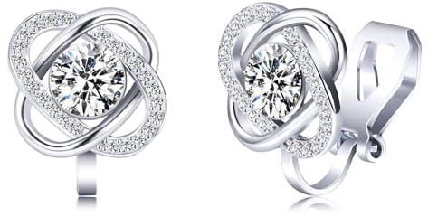 QUKE Silver Plated Cubic Zirconia Crystal Clip On Earrings Non Piercing Knot Earrings for Women Girls with Gift Box