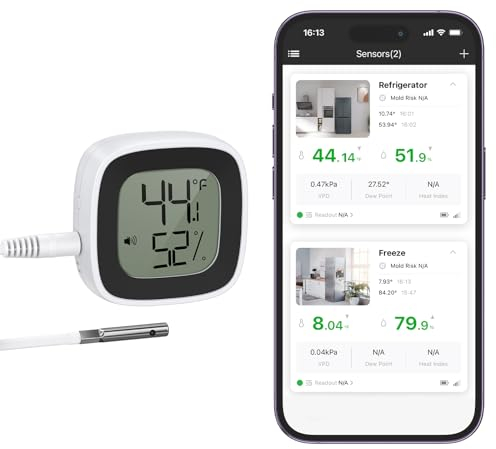LOFICOPER Mini Thermomètre de Réfrigérateur Numérique Bluetooth avec Sonde de 1,5 m, Thermomètre de Congélation Intelligent Bluetooth avec Notification d'Application et Stockage des Données