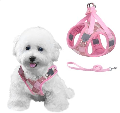 PawSailor Step-in hundsele liten hund inget drag valpsele justerbar reflekterande pläd lätt promenad lätt mjukt nät husdjur väst sele med koppel för valpar, små hundar, katter, rosa XS