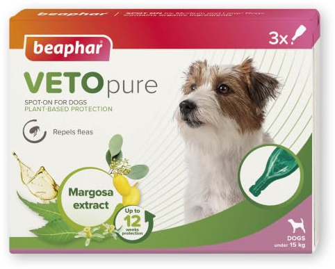 Beaphar - VETOpure Flea Spot-On for Dogs (less than 15kg) – 3 pipettes | Repels fleas for up to 4 weeks, 3 pipettes giving up to 12 weeks plant-based flea protection, dogs (<15kg) from 12 weeks old