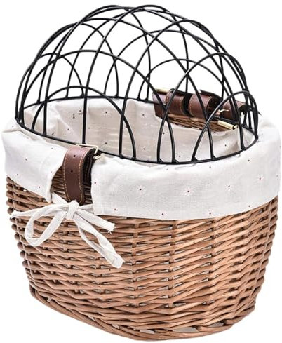 Cesta de Bicicleta para Perro, Cesta de Mimbre para Bicicleta, Cesta de Mimbre para Bicicleta para Perros Pequeños, Gatos, Cesta Frontal con Cubierta de Malla de Alambre