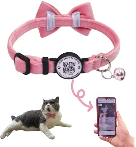THAIN Personalised Cat Collar with bell and Bowtie Breakaway QR Code Name Smart ID tag quick release soft comfortable collar for cats and kittens (Pink)