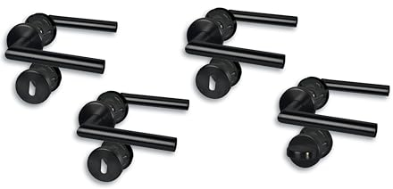 Rosettengarnitur I Türbeschlag im 4er Set, Edelstahl schwarz für 3 Zimmertüren mit Buntbartlochung und 1 Bad-WC-Tür, Cliprosette Ø52mm, Türklinke, Türgriff
