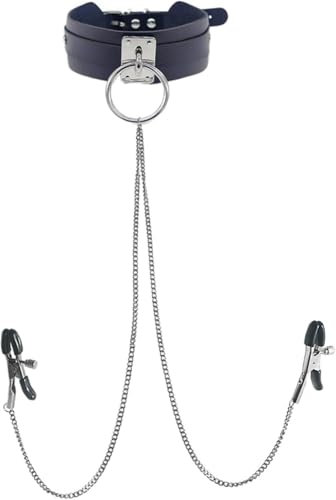 Neck Collar&Nipple Clamps Metal Clip Stainless Steel Non Piercing Nipple Rings with Choker Chain Restraint Body Piercing (Black)