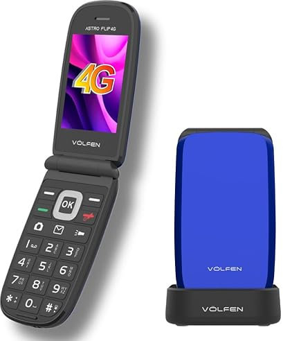 Volfen Astro Flip 4G - Teléfono Móvil para Personas Mayores con Tapa, Teclas Grandes y Pantalla XXL de 2,8”, Botón SOS, Fácil De Usar, Base de Carga USB-C, Doble SIM (Azul)