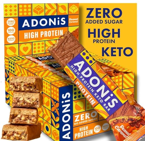 Adonis Keto Bars Caramel Peanut – 16 x 45g | Low Carb High Protein Snack Bars | 9g Protein, 2g Sugar | Keto-Friendly, High-Fiber | No Added Sugar | On-the-Go Snack Box
