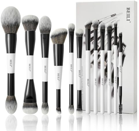BEILI Set di pennelli professionali per trucco, 12 pezzi, 18 in 12 pennelli con due estremità per cipria, fondotinta, correttore, sopracciglia, ombretto, contorno, eyeliner, pennello Blender