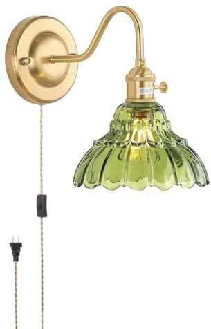AoLa Lámpara de pared vintage con interruptor enchufe, Luz de pared latón interiores E27 con cable ajustable 150cm iluminación de pared de cristal verde lámpara decorativa con flores doradas,1 Stück