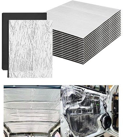 Alfombrilla Antirruido para Coche - Kit de 10 Láminas Aislamiento Acústico y Térmico para Automóvil | Lámina de Aluminio para Furgonetas Scooters de Escape Capó Mampara Maletero Puertas Pared