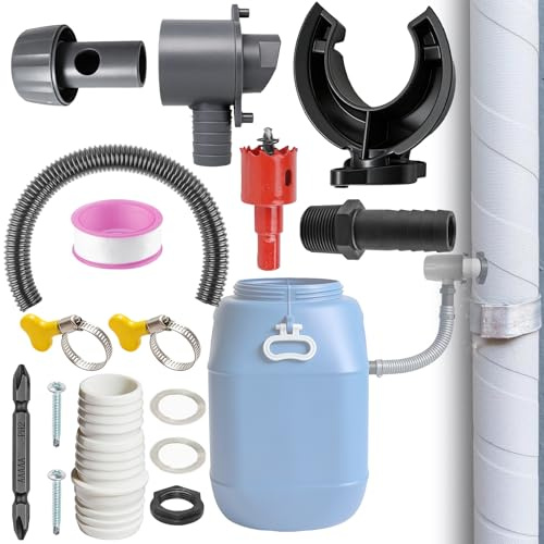 Colector de agua de lluvia, juego de relleno para barriles de lluvia, juego de conectores para bajante de 70 – 110 mm, juego de desviador de tubo de bajada con manguera de 1 m, broca de corona de 45